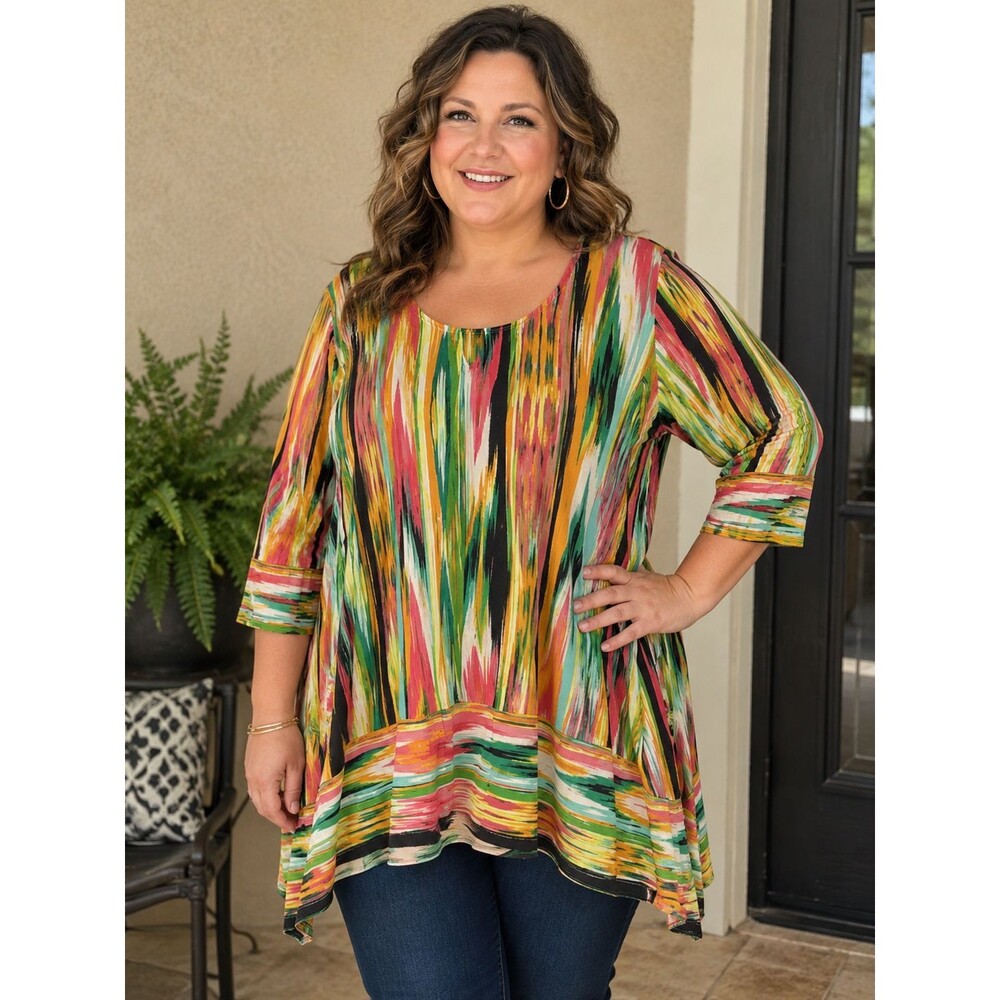 Ruby Rd. Women's Plus Sz 1X Colorful Psychedelic Tie Dye Keyhole Tunic Top